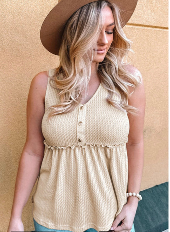 Oatmeal Button Vneck Tank