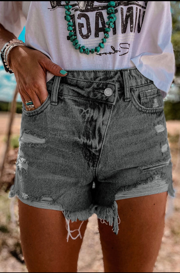 Black Distressed Crossover Shorts