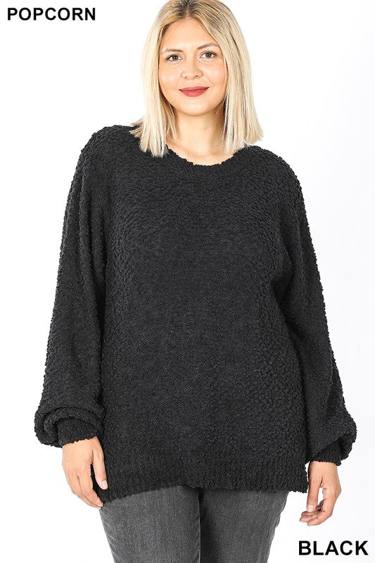 PLUS POPCORN BALLOON SLEEVE PULLOVER SWEATER