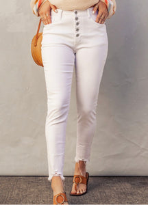 White Button Straight Jeans